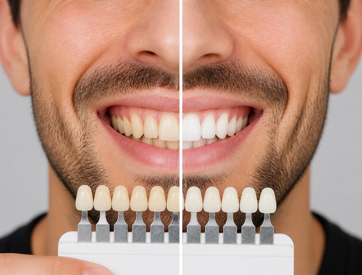 Comparação ilustrativa de dentes antes e depois do clareamento dental — exemplo 2